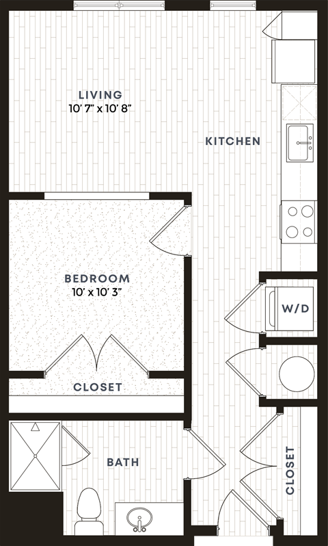Floor plan for 1 bed, 1 bath, 600 sqft